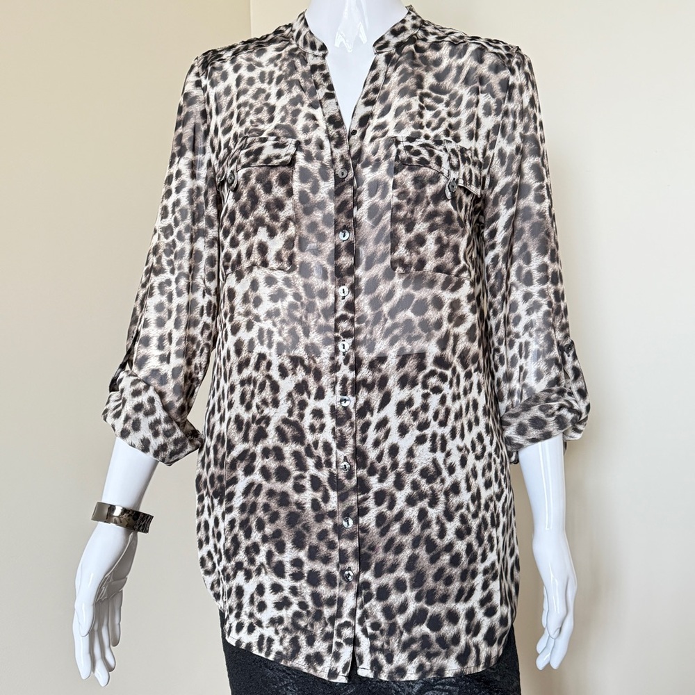Style & Co Sheer Leopard Print Button-Up Long Sleeve Blouse Size 6